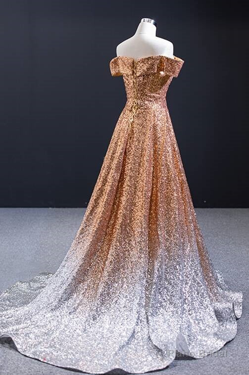 Off the Shoulder Gold and Silver Ombre Sequins Formal Dress Main image