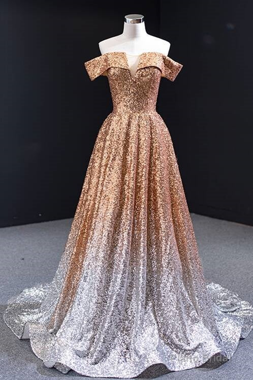 Off the Shoulder Gold and Silver Ombre Sequins Formal Dress Secondary image