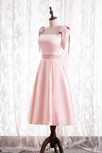 Knee Length Pink Satin Party Dress with Tie Shoulders