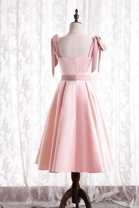 Knee Length Pink Satin Party Dress with Tie Shoulders Secondary image