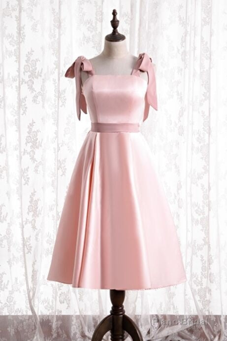 Knee Length Pink Satin Party Dress with Tie Shoulders Main image