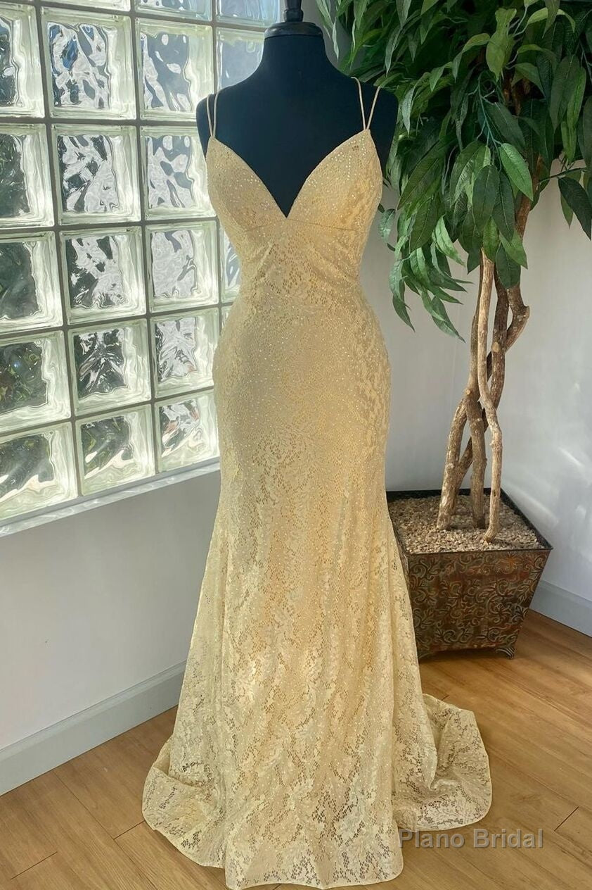 Elegant Gold Mermaid Lace Long Prom Dress Main image