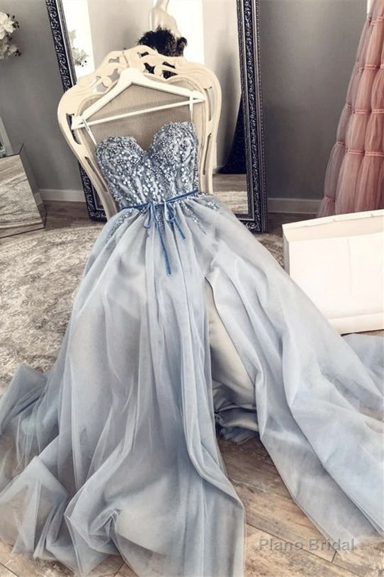 A-Line Grey Beaded Top Prom Dress with Slit Main image