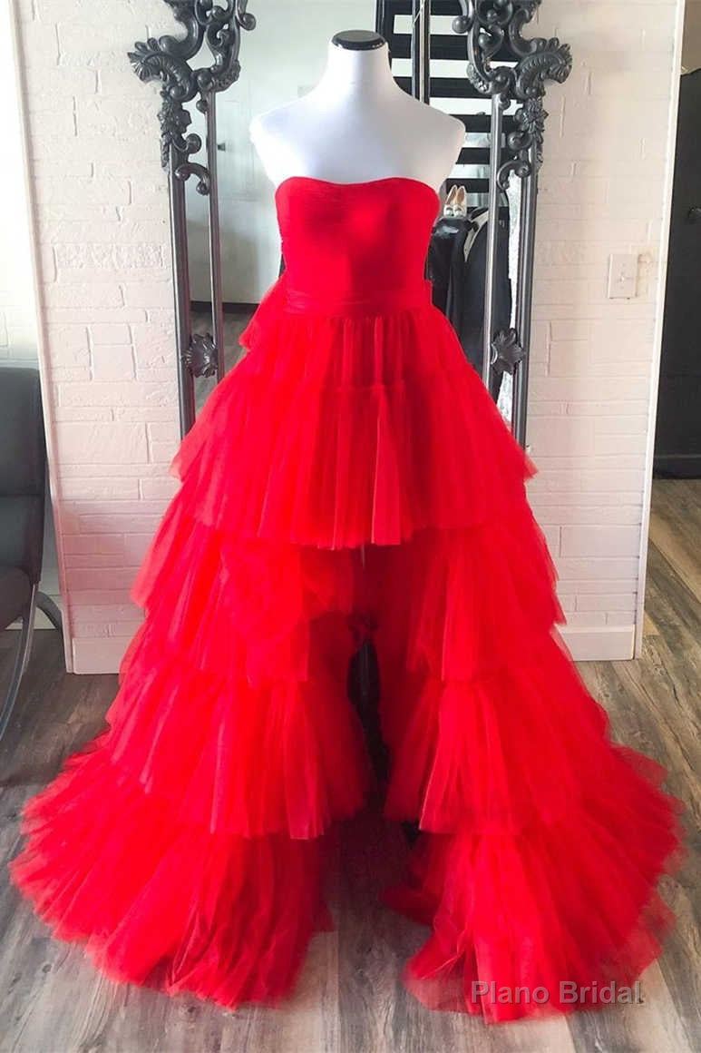 Strapless High Low Tiered Red Tulle Prom Dress Main image