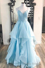Elegant Light Blue Ruffled Tulle Formal Prom Dresses