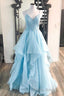 Elegant Light Blue Ruffled Tulle Formal Prom Dresses