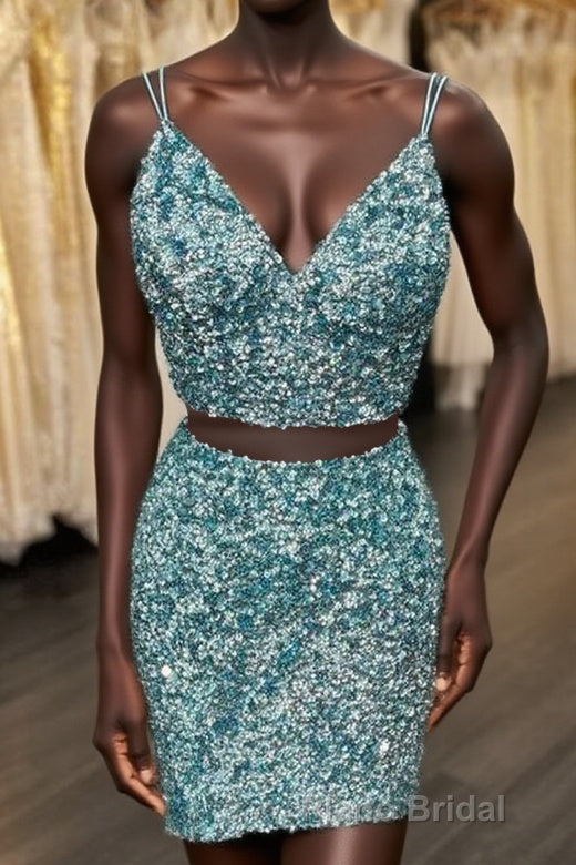 Two Piece Blue Sequins Tight Homecoming Dresses Main image
