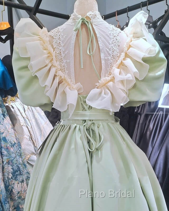 80S Style Puffy Sleeve Lace High Neck Midi Dresses