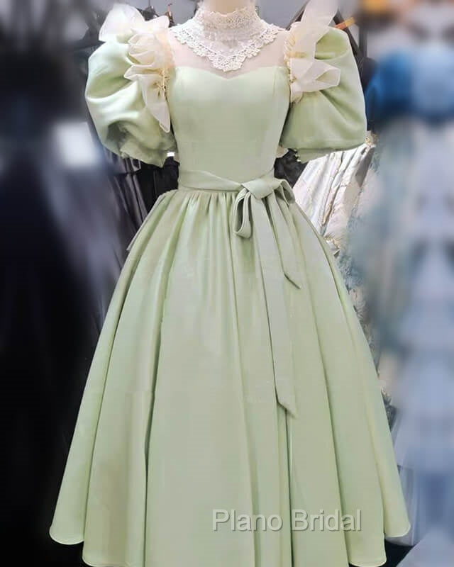 80S Style Puffy Sleeve Lace High Neck Midi Dresses