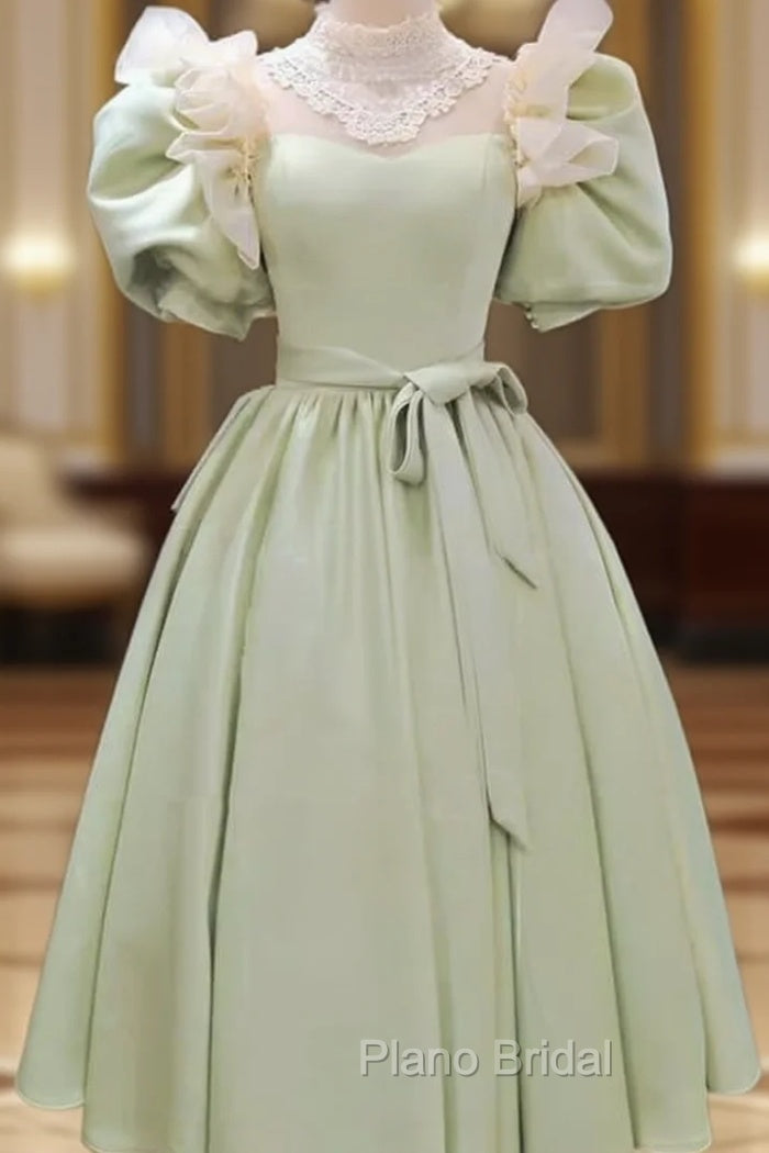 80S Style Puffy Sleeve Lace High Neck Midi Dresses Main image