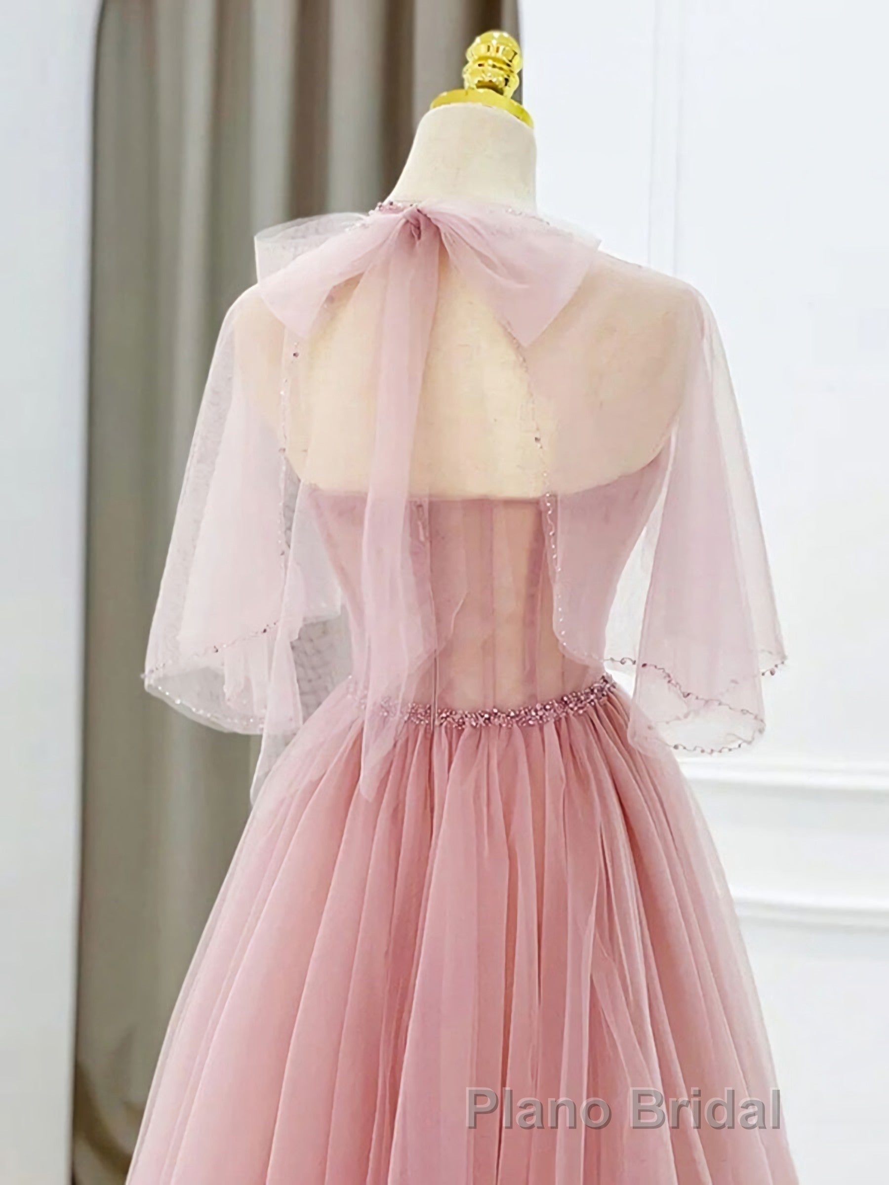 Pink Tulle Tea Length Formal Prom Dresses, Pink Tulle Prom Dresses