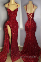 Red Sequins Formal Prom Dresses with Slit Shiny Floor-Length Party Dresses