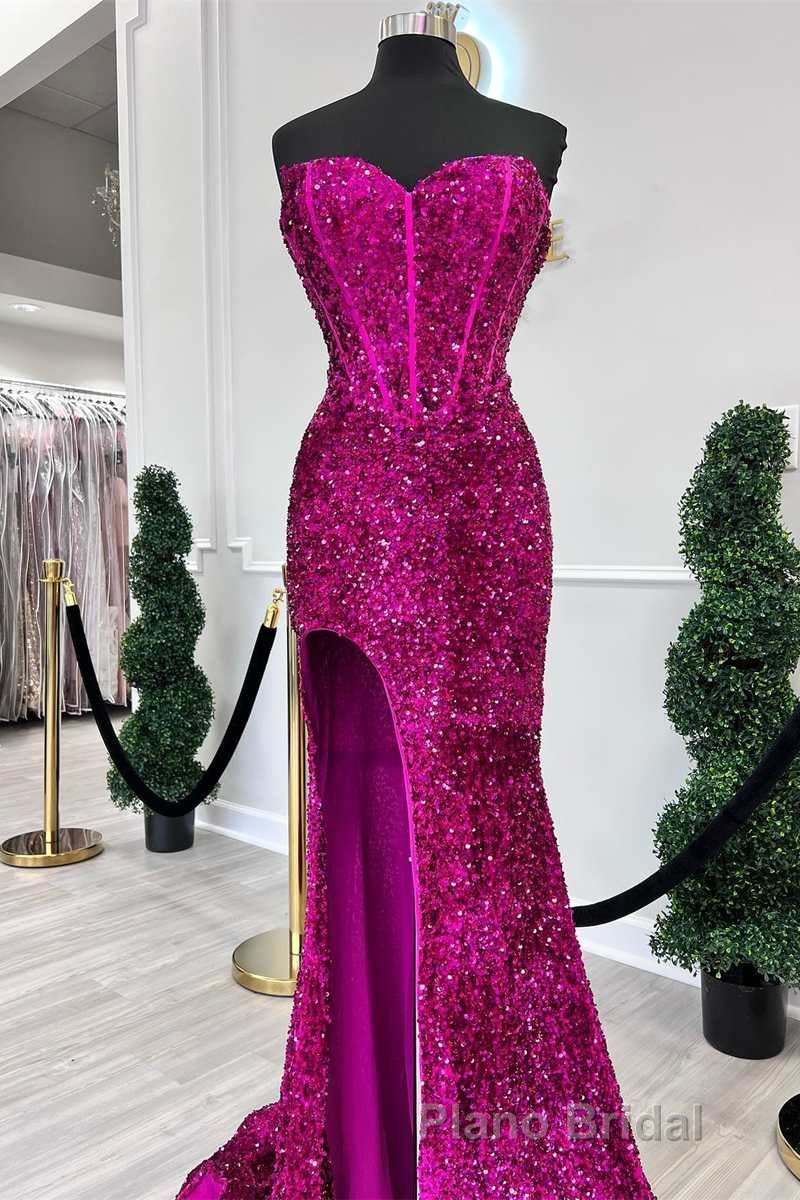 Fuchsia Sequin Strapless Mermaid Long Formal Prom Dresses with Slit