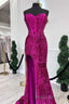 Fuchsia Sequin Strapless Mermaid Long Formal Prom Dresses with Slit