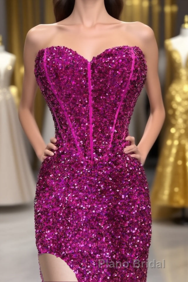 Fuchsia Sequin Strapless Mermaid Long Formal Prom Dresses with Slit Main image