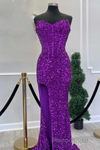 Fuchsia Sequin Strapless Mermaid Long Formal Prom Dresses with Slit