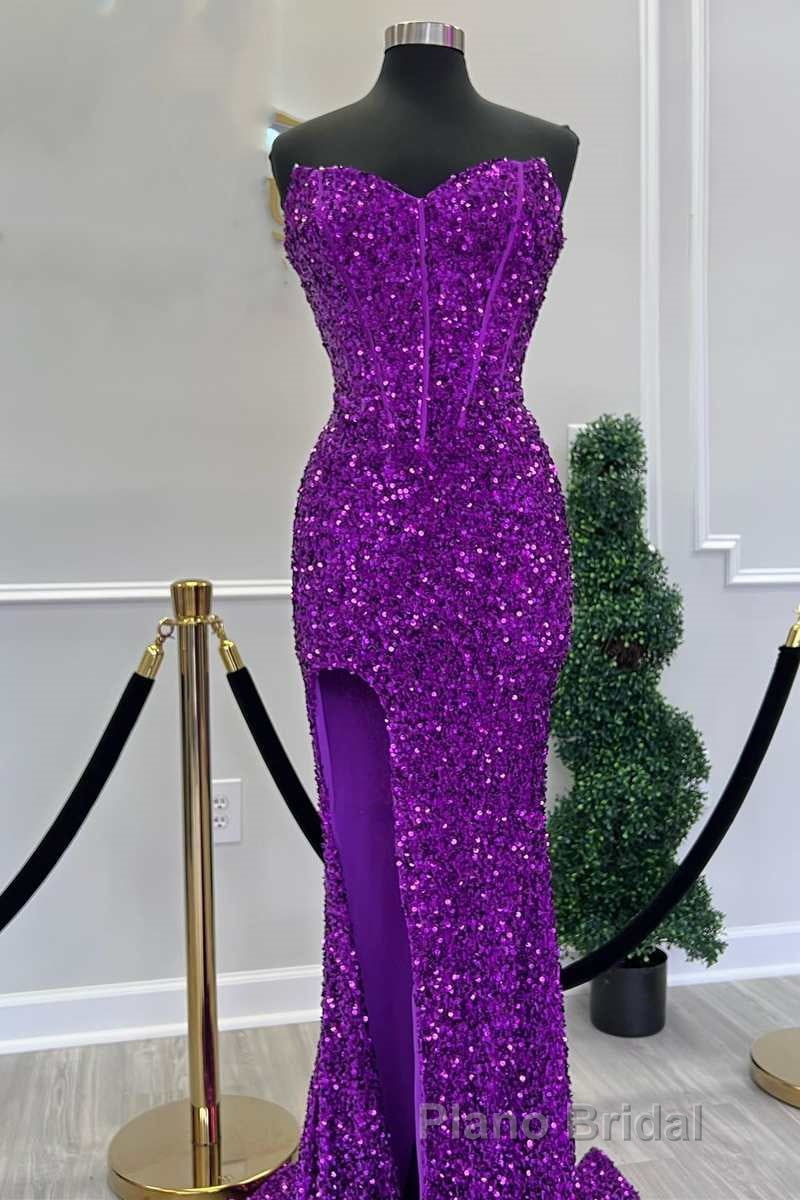 Fuchsia Sequin Strapless Mermaid Long Formal Prom Dresses with Slit