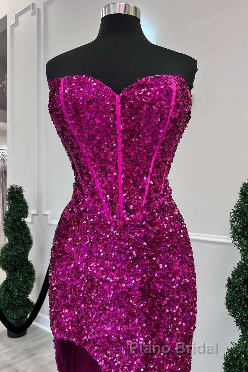 Fuchsia Sequin Strapless Mermaid Long Formal Prom Dresses with Slit Secondary image