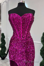 Fuchsia Sequin Strapless Mermaid Long Formal Prom Dresses with Slit