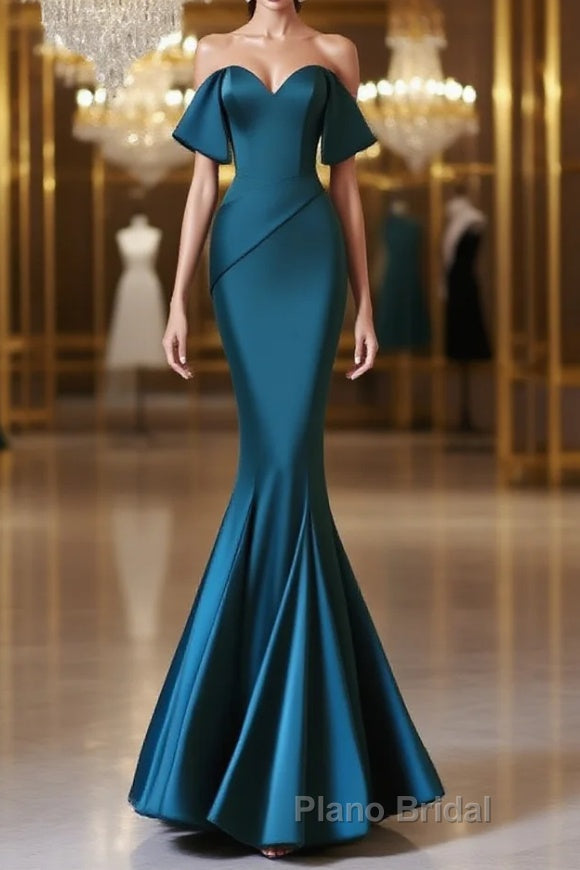 Simple Off Shoulder Satin Ink Blue Long Formal Prom Dress, Ink Blue Long Formal Dress Main image