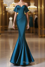 Simple Off Shoulder Satin Ink Blue Long Formal Prom Dress, Ink Blue Long Formal Dress
