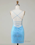 Sparkly Blue Beaded Lace Up Tight Short Homecoming Dresses