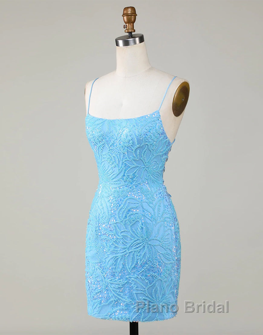Sparkly Blue Beaded Lace Up Tight Short Homecoming Dresses