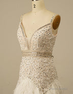 Gorgeous White Spaghetti Straps Beaded Homecoming Dress With Feather