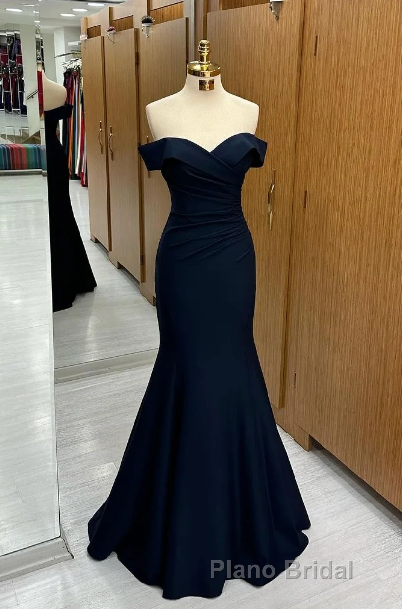 Long Navy Formal Prom Dresses Mermaid Off-the-Shoulder Sweetheart Sleeveless