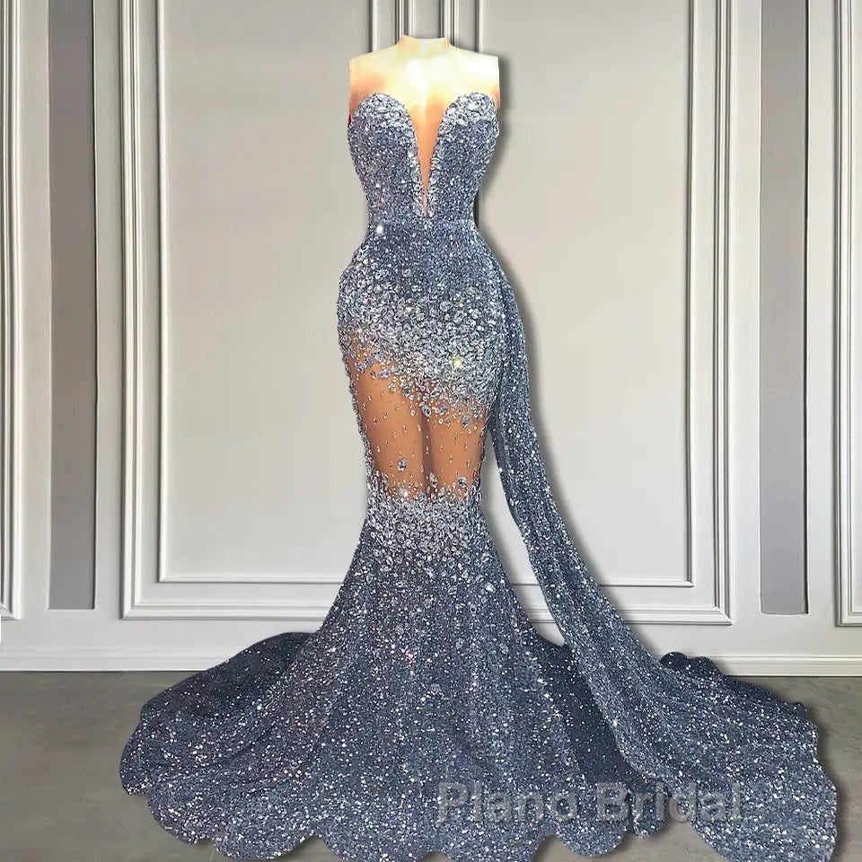 V-Neck Sequins Formal Prom Dress Mermaid Sleeveless Crystal.