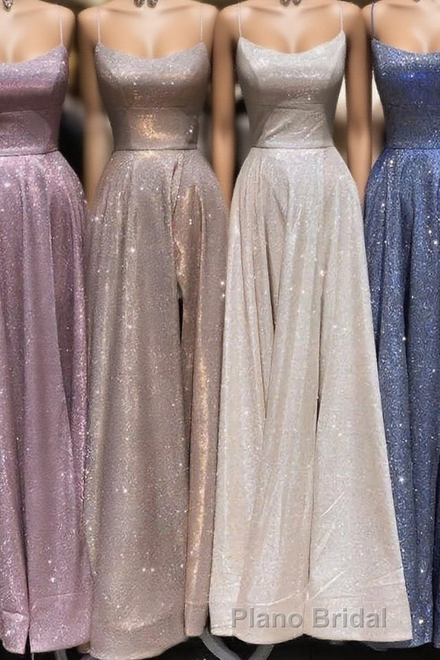 A-Line Sparkle Split Backless Evening Dresses  Long Formal Prom Dresses With Pocket Main image