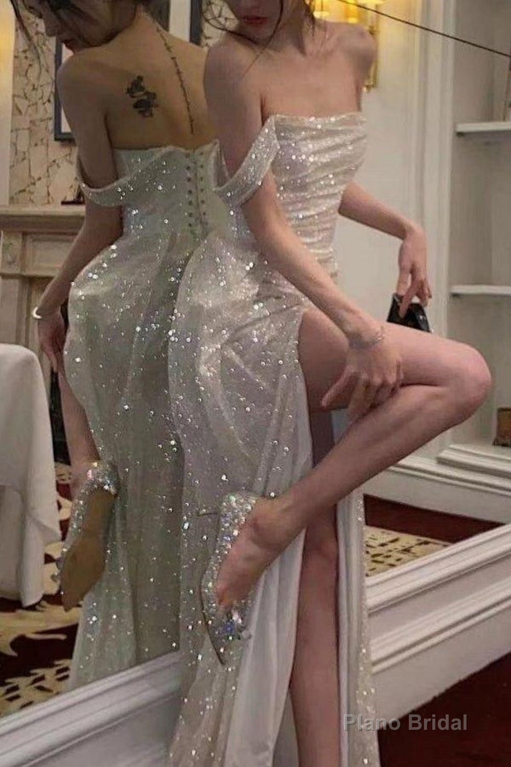 Elegant Mermaid Off the Shoulder Silver Sequins Long Prom Dress with Split Front Secondary image