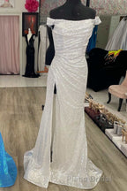 Blue Sequin Off-the-Shoulder Mermaid Long Formal Prom Dresses with Slit