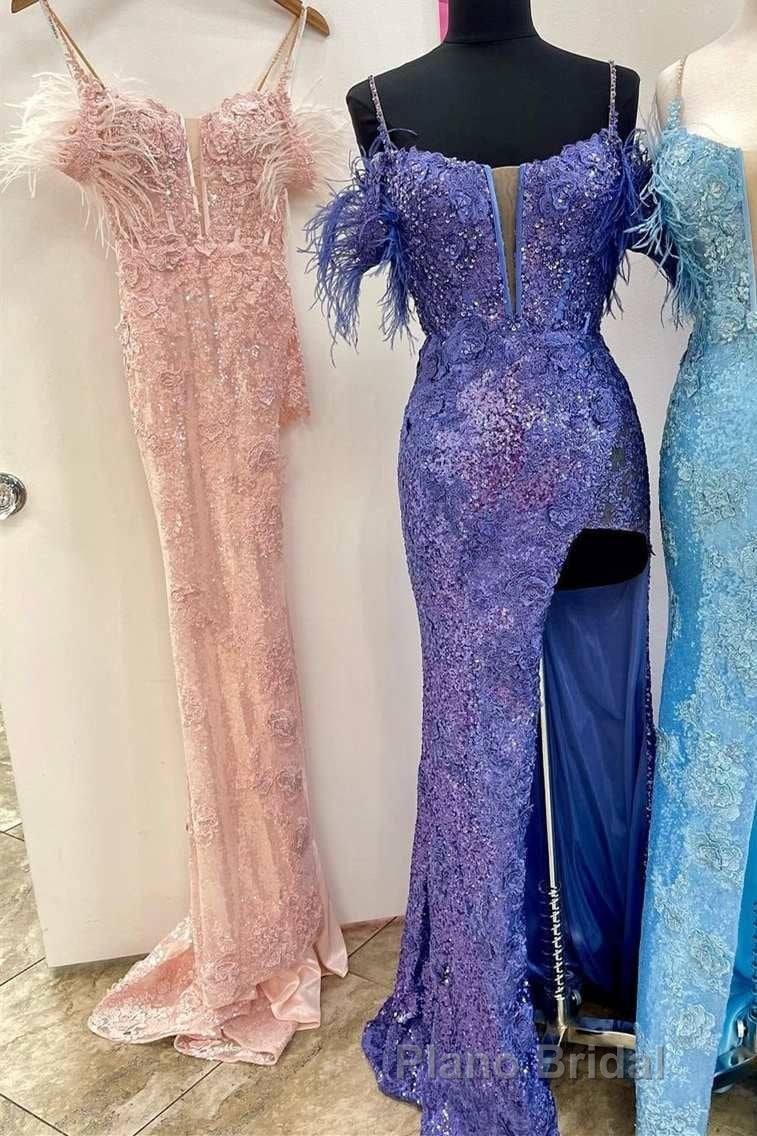 Sequin Feather Cold-Shoulder Mermaid Long Formal Prom Dresses with Slit