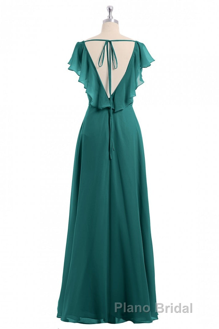 Wine Red Chiffon Backless Ruffled Sleeve Long Bridesmaid Dresses