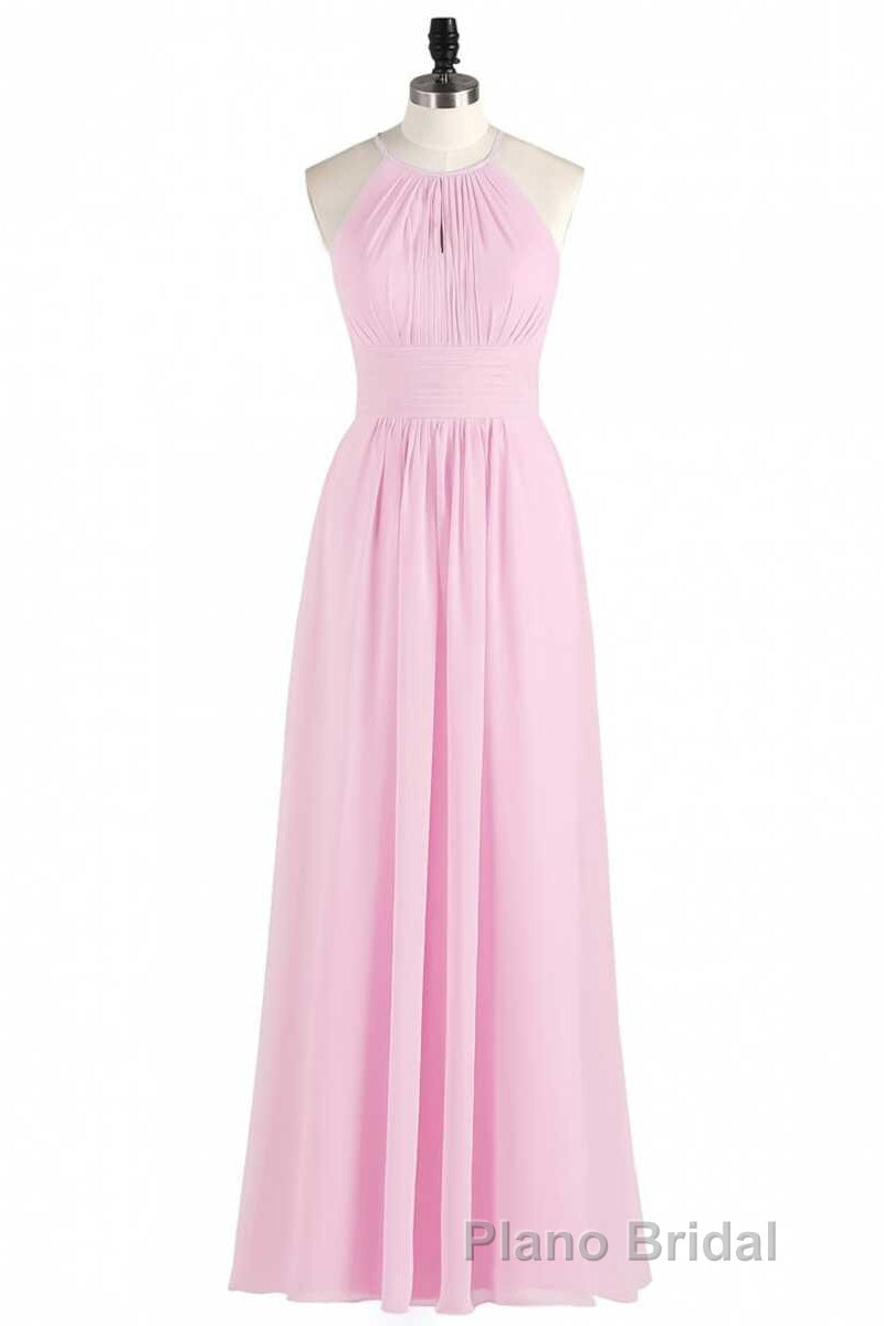 Pink Chiffon Halter Sleeveless A-Line Long Bridesmaid Dresses