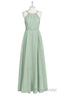 Sage Green Chiffon Halter A-Line Long Bridesmaid Dresses