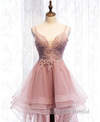 Pink Tulle Lace High Low Formal Prom Dress, Pink Homecoming Dress, 1