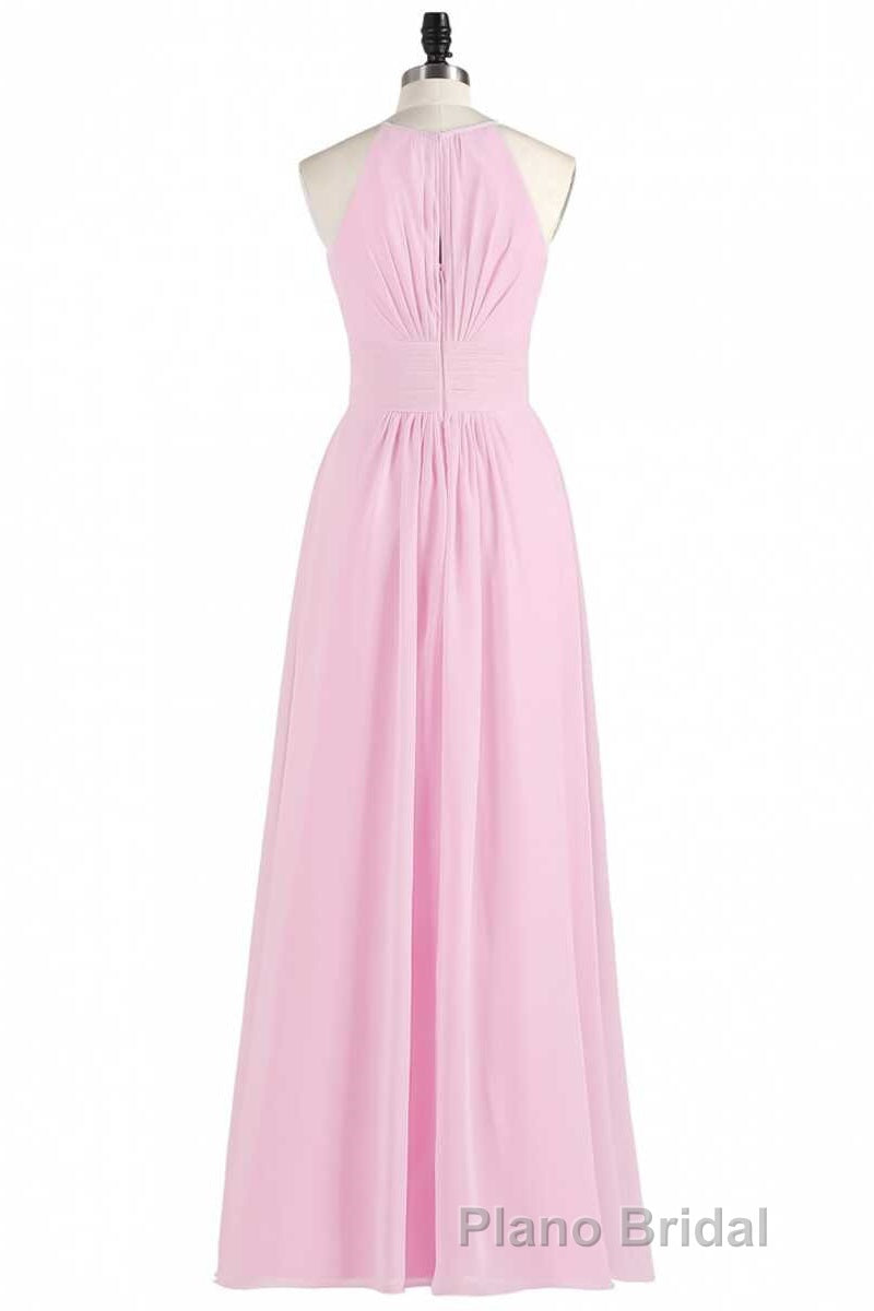 Pink Chiffon Halter Sleeveless A-Line Long Bridesmaid Dresses