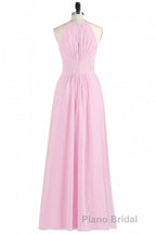 Pink Chiffon Halter Sleeveless A-Line Long Bridesmaid Dresses
