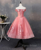 Pink Tulle Lace Off Shoulder Short Formal Prom Dress, Pink Homecoming Dress