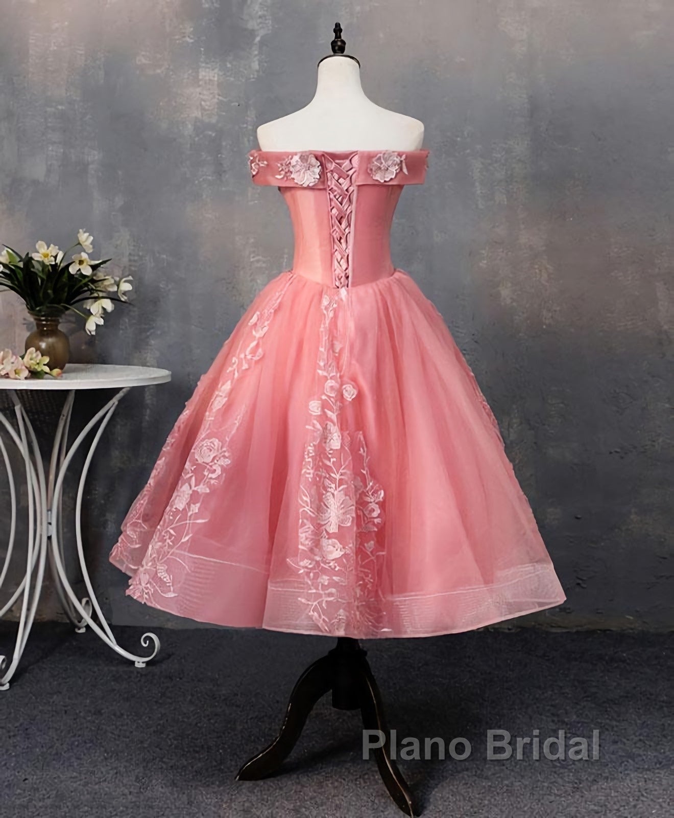 Pink Tulle Lace Off Shoulder Short Formal Prom Dress, Pink Homecoming Dress