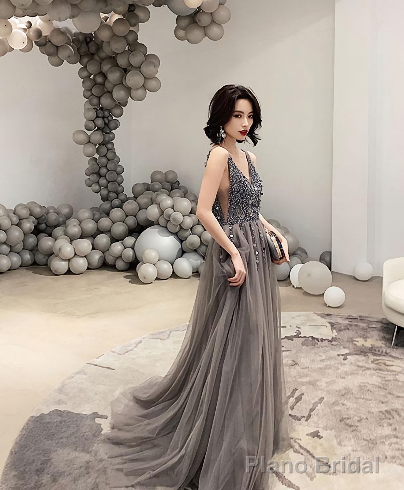 Gray V Neck Tulle Beads Long Prom Dress Gray Tulle Evening Dress Secondary image
