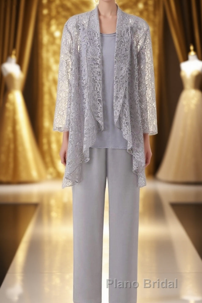 Three-Piece Grey Lace Mother of the Bride Pant Suits Main image