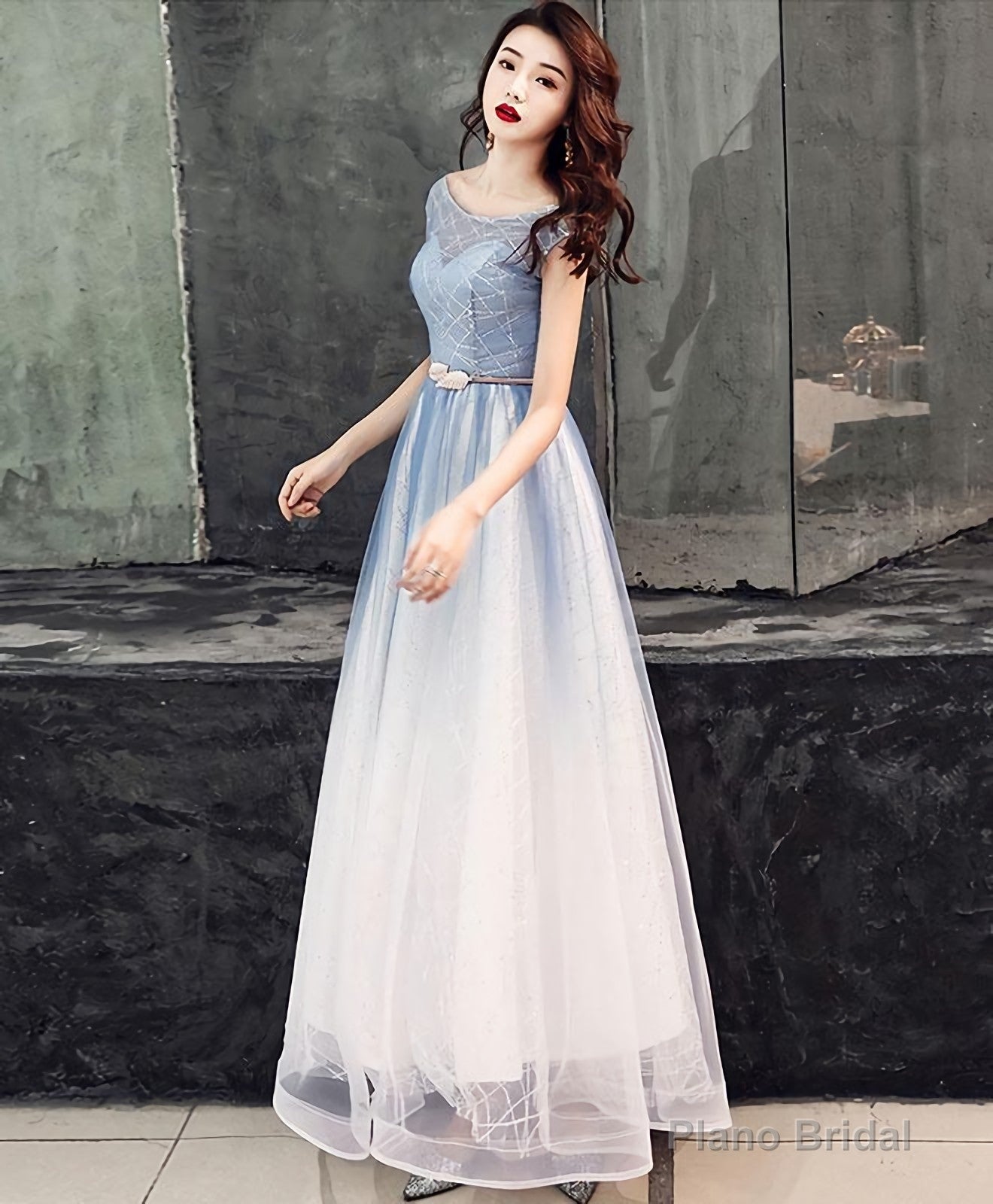Blue Round Neck Tulle Long Prom Dress, Blue Tulle Evening Dress