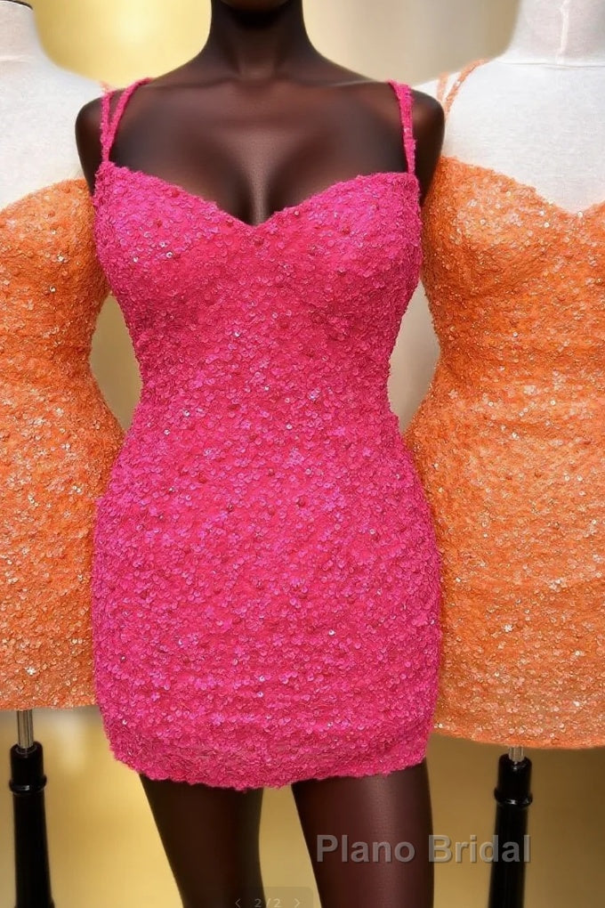 Orange Sequins Double Straps Sheath Homecoming Dresses