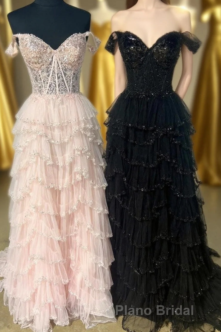 Light Pink Floral Layers Sequined Long Formal Prom Dresses Main image