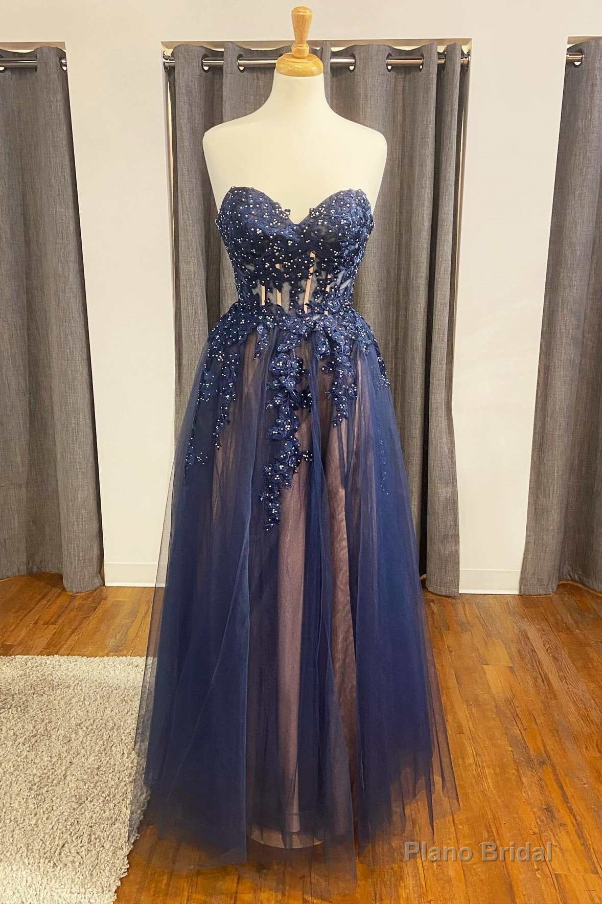 Navy Floral Appliques Strapless A-Line Prom Dress Main image