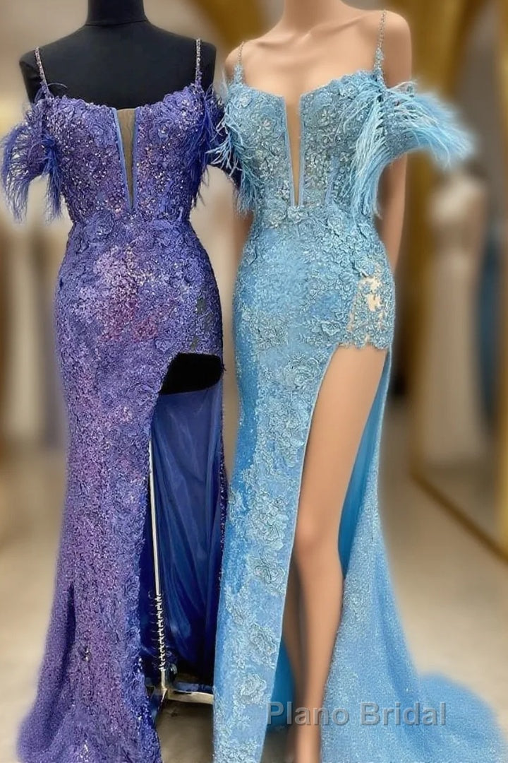 Sequin Feather Cold-Shoulder Mermaid Long Formal Prom Dresses with Slit