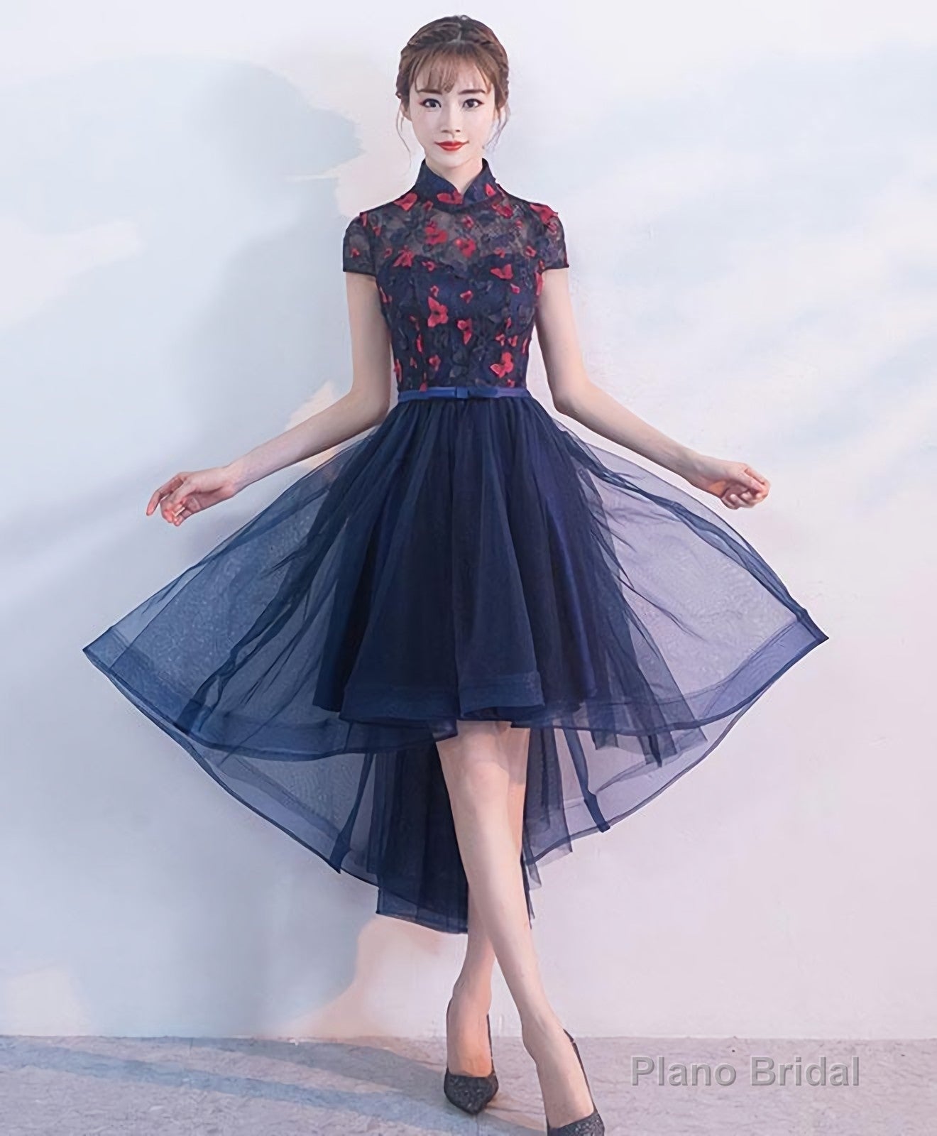 Blue Tulle Lace High Low Prom Dress, Blue Homecoming Dress Main image